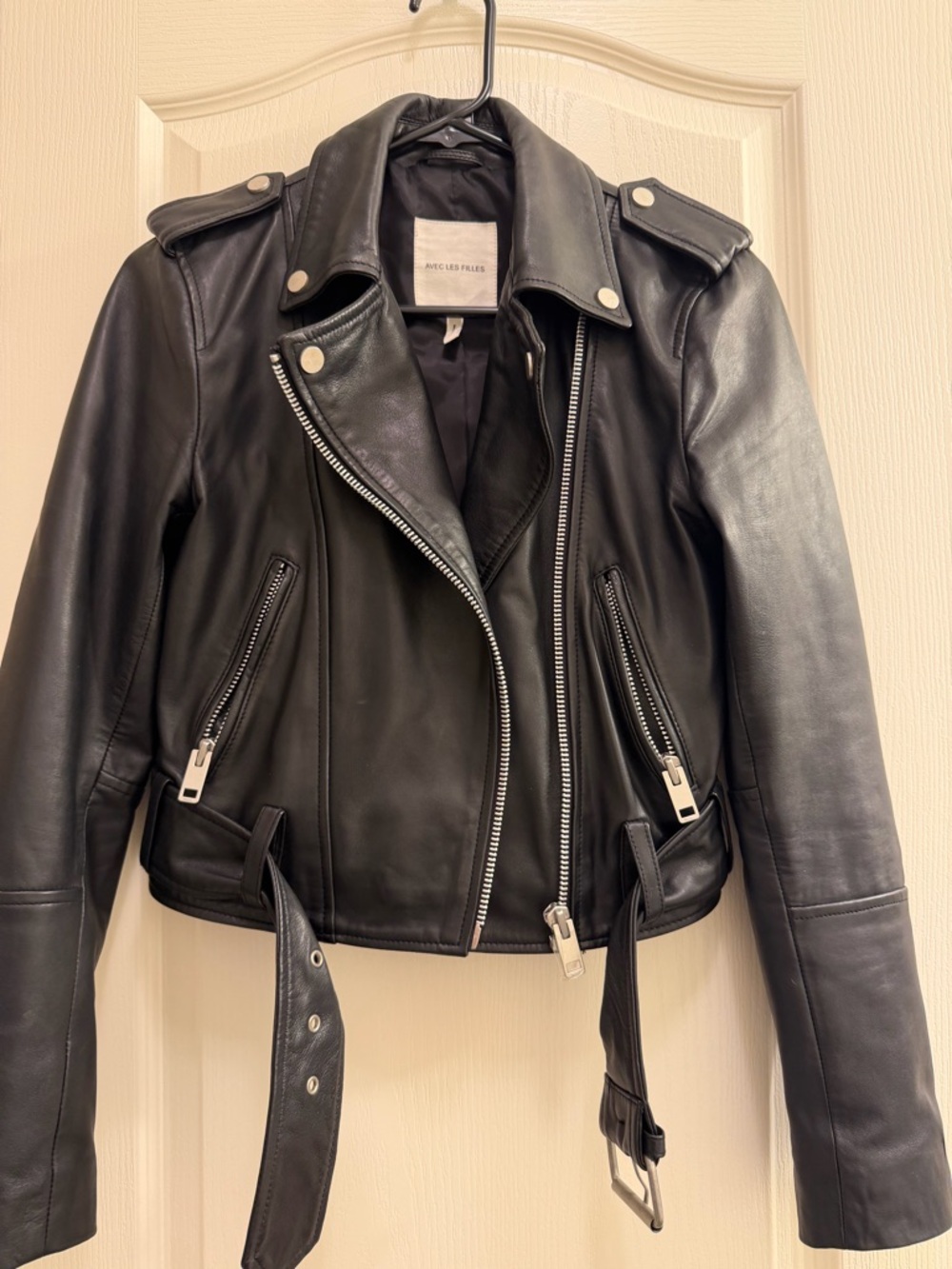 Avec Les Filles Black Leather Biker Jacket with Belt